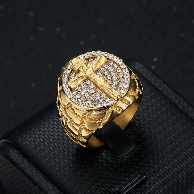 Gold Christ Ring with Diamond and Crucifix Amen Artisan