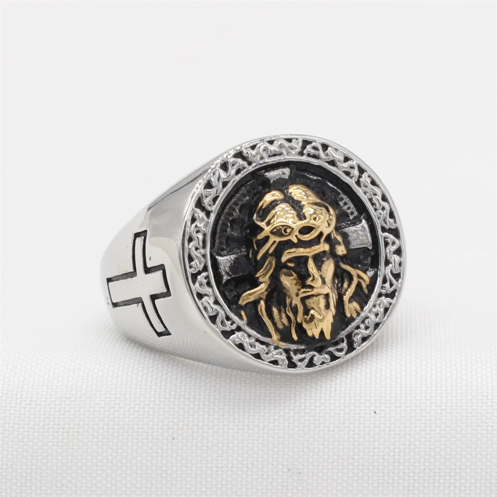 Vintage Cross Jesus Portrait Titanium Steel Ring Amen Artisan