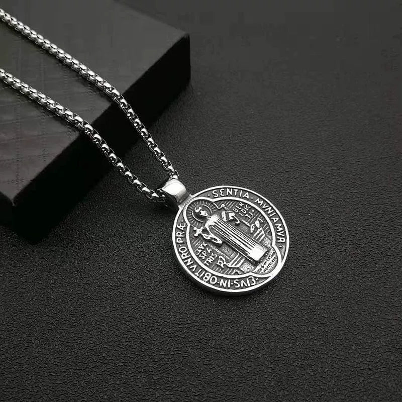 Vintage Saint Benedict Double-Sided Titanium Steel Pendant Amen Artisan