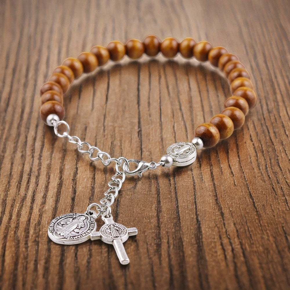Nature Wood Saint Benedict Medal Bracelet Amen Artisan