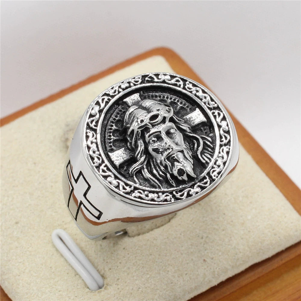 Vintage Cross Jesus Portrait Titanium Steel Ring Amen Artisan