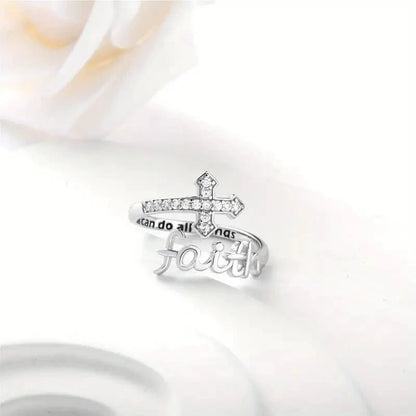 Amen Artisan Shining Diamond-Encrusted Faith Cross Adjustable Open Ring