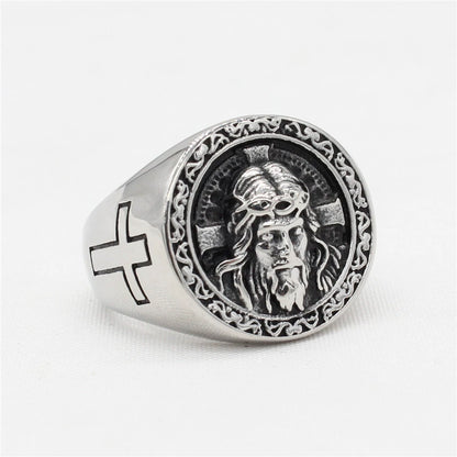 Vintage Cross Jesus Portrait Titanium Steel Ring Amen Artisan