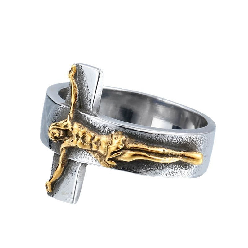 Vintage Cross Jesus Crucifix Titanium Steel Ring Amen Artisan