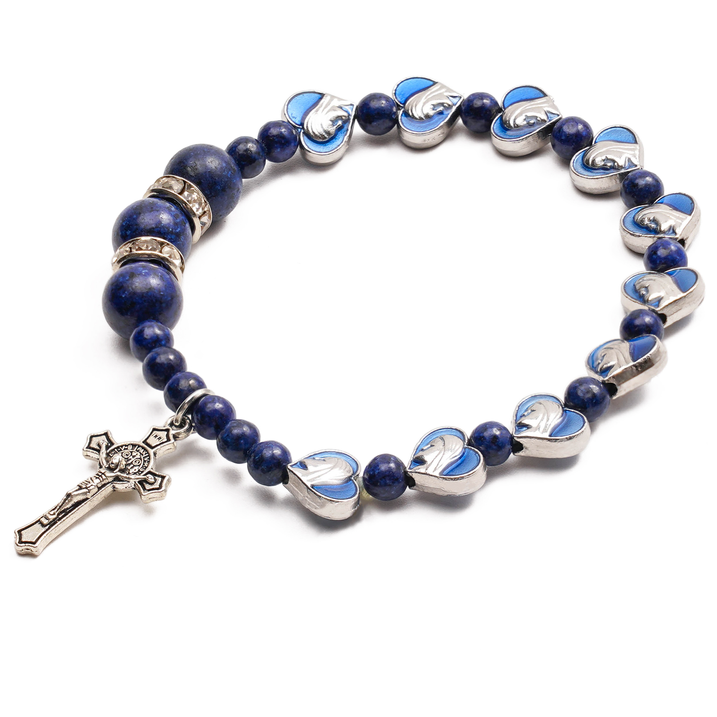 Lapis Lazuli Zircon Enamel Divine Mary of the Heart Blue Beads Crucifix Stretch Bracelet Amen Artisan