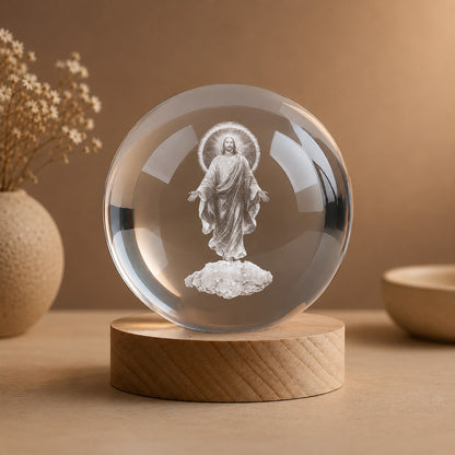 Jesus Christ Crystal Night Light with Warm Wooden Base