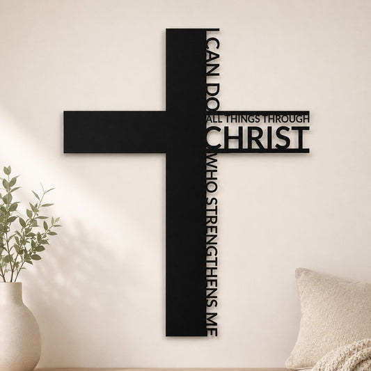 Philippians 4:13 Metal Cross Wall Art with Scripture Design — Strength