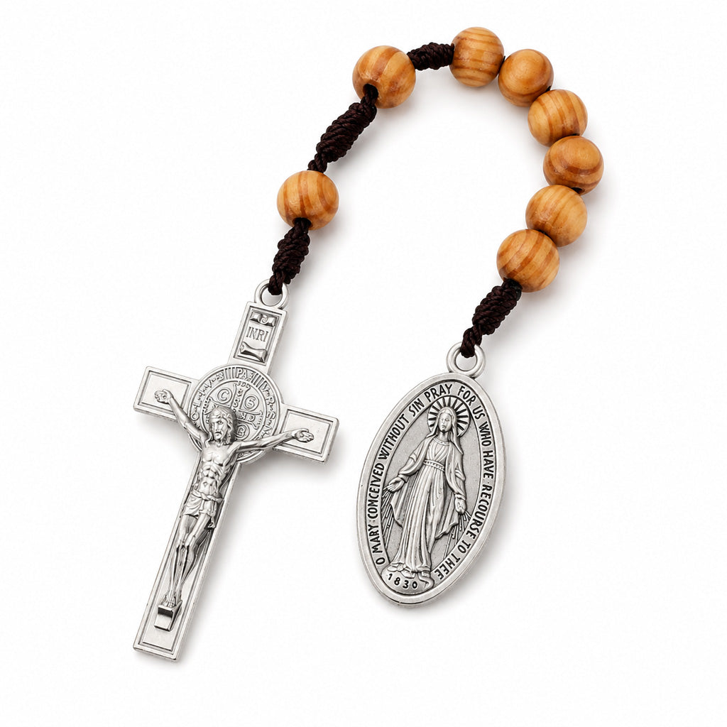 Portable Wooden Decade Rosary with St. Benedict Cross - Blessing & Peace | Amen Artisan