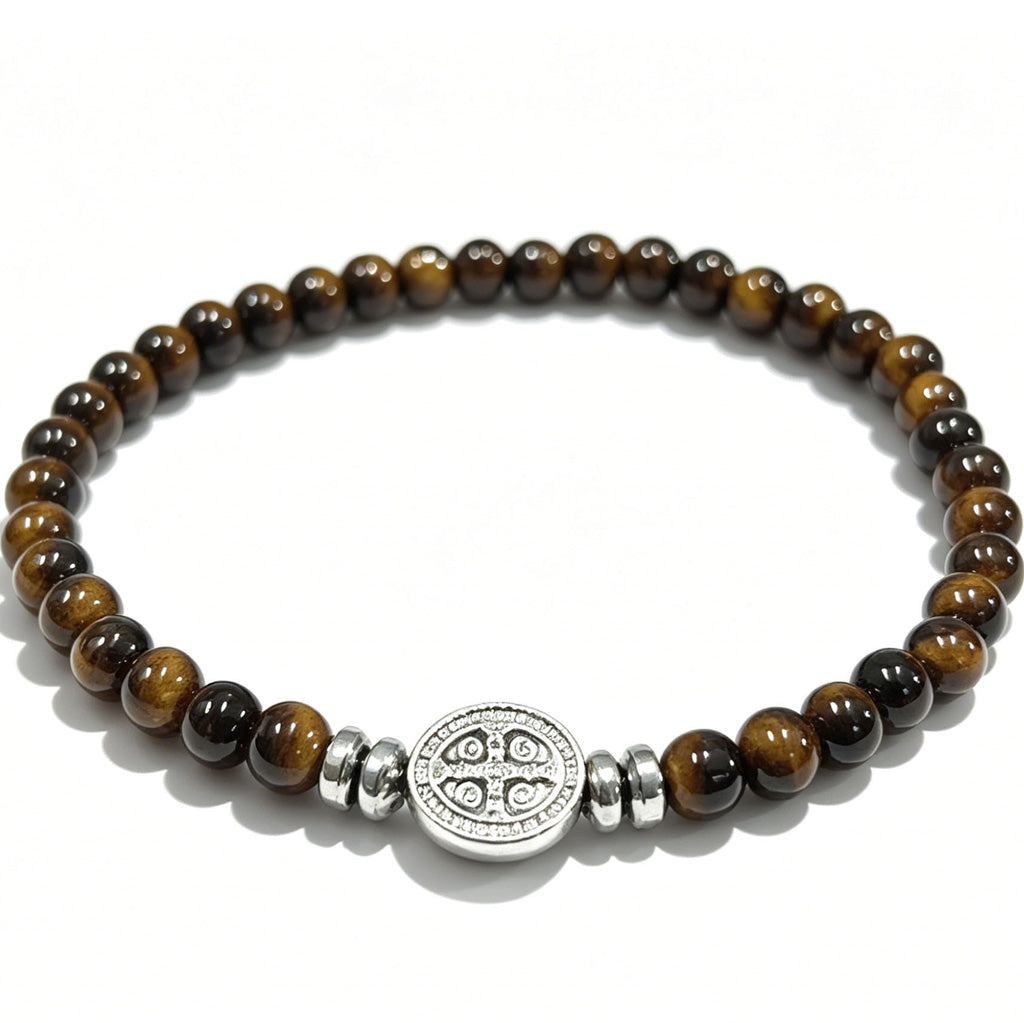 Multicolor Natural Stone St. Benedict Bracelet with Double-Sided Medal