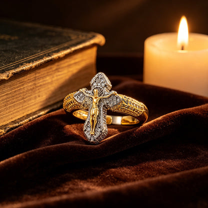 【Deal Today】Cubic Zirconia Crucifix Open Ring in Brass - Faith, Hope & Protection |  Amen Artisan