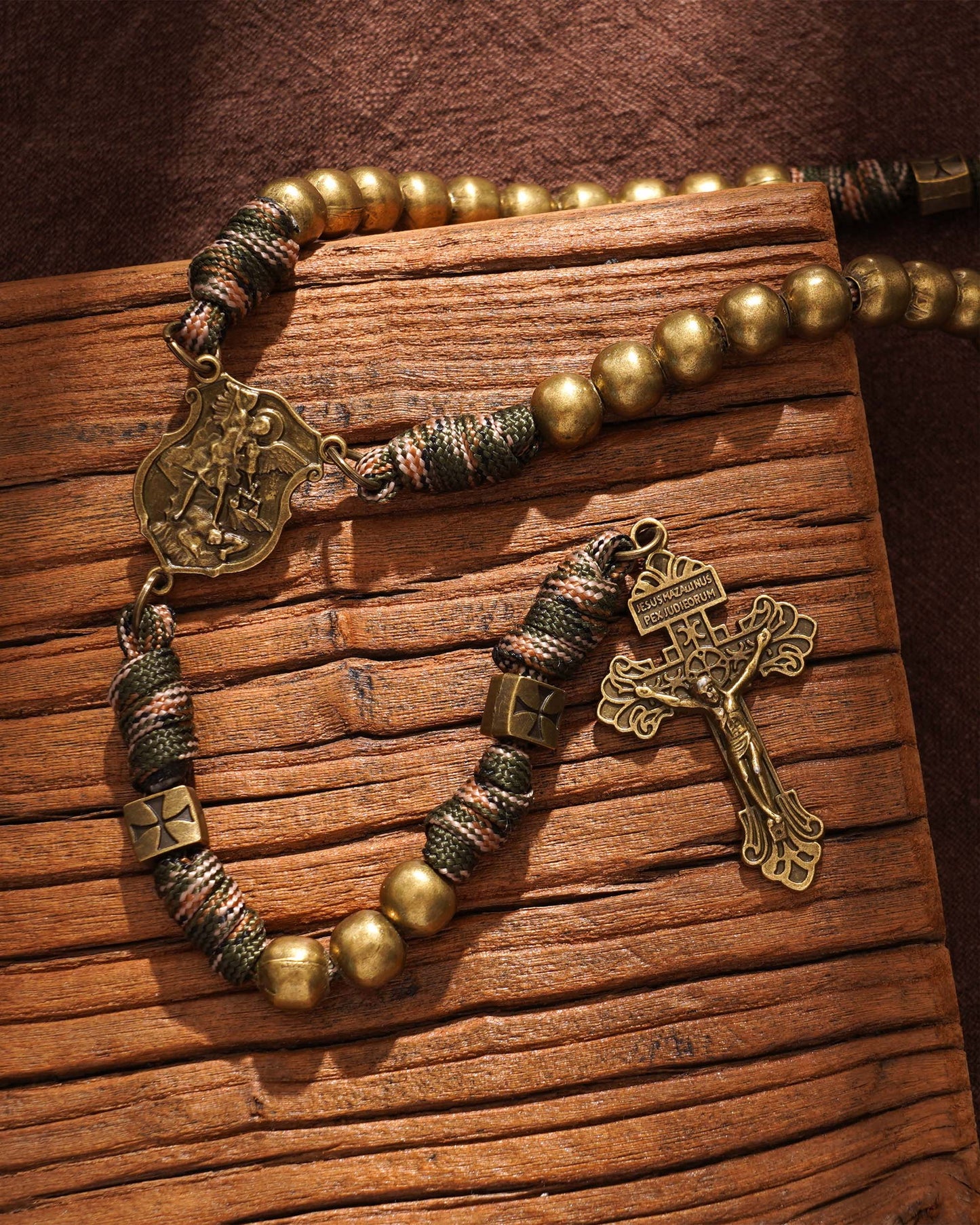 St. Michael Heavyweight Bronze Rosary: 48cm Hand-Braided Tactical Armor | Amen Artisan