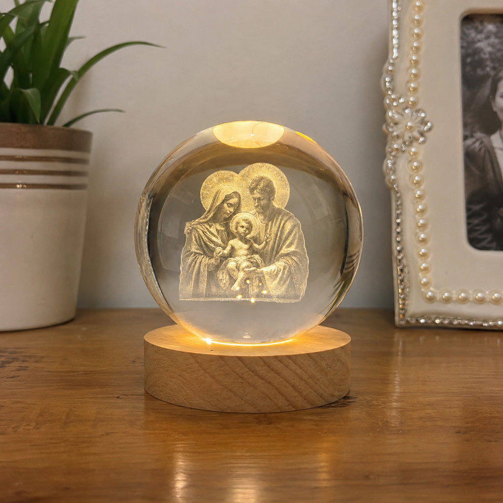Holy Family Crystal Night Light with Warm Wooden Base — Home Blessing