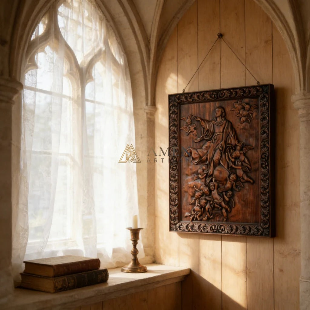Assumption of Mary Wood Carving Amen Artisan