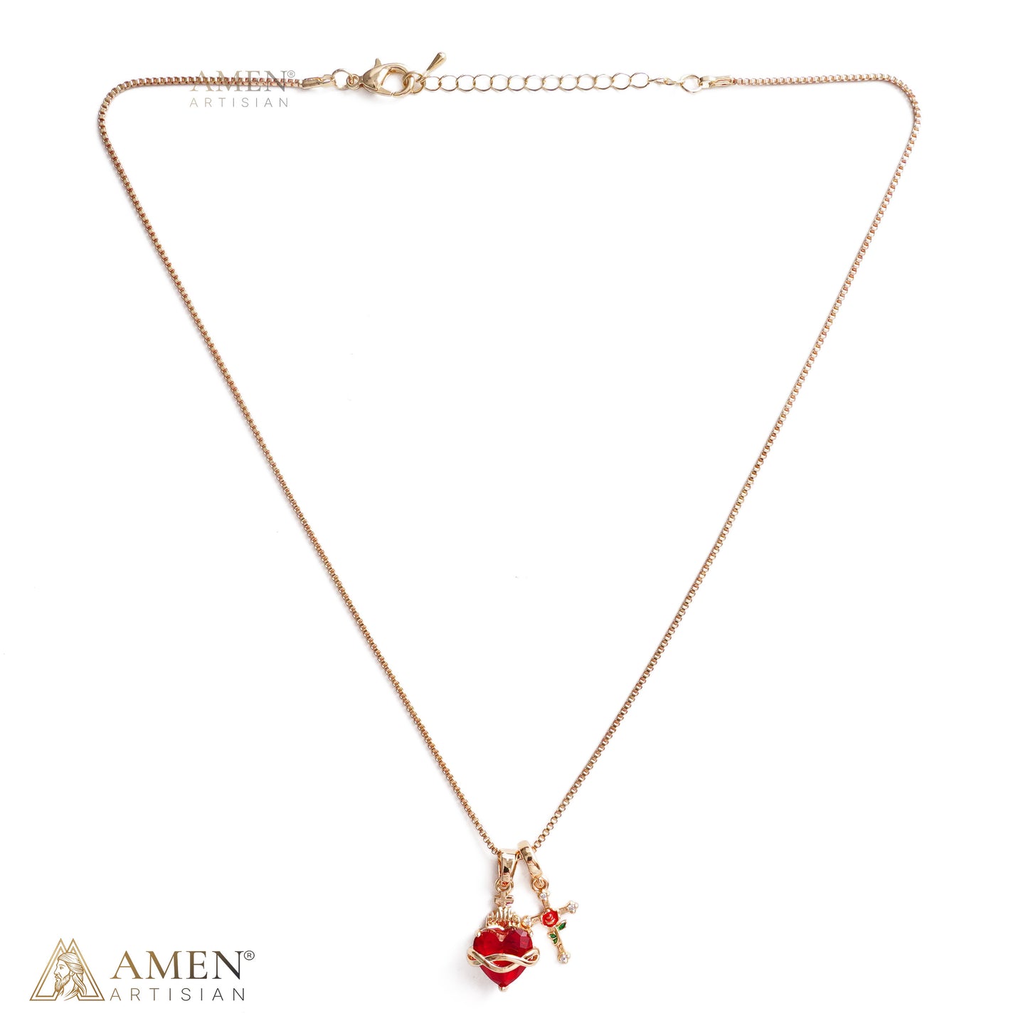 Sacred Heart & Rose Cross Multi-Pendant Necklace Amen Artisan