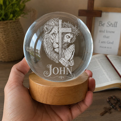 【Deal Today】Personalized Christian Crystal Night Light with Lion, Cross, and Jesus — Strength