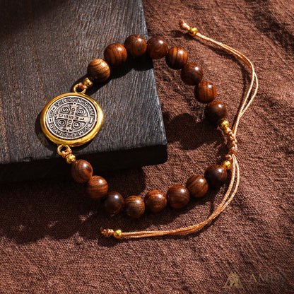 Wooden Beads Saint Benedict Medal Adjustable Bracelet Amen Artisan