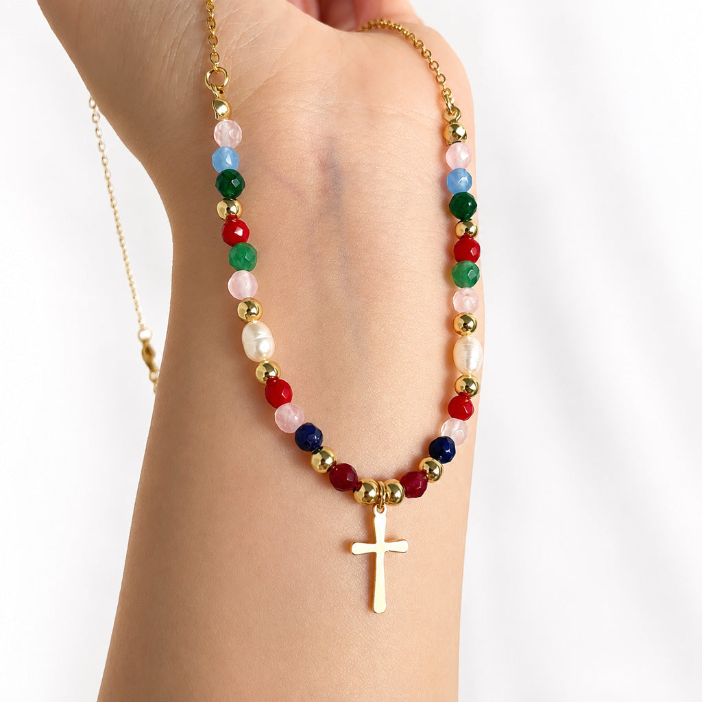 Colorful Beaded Cross Necklace with Natural Stone Details