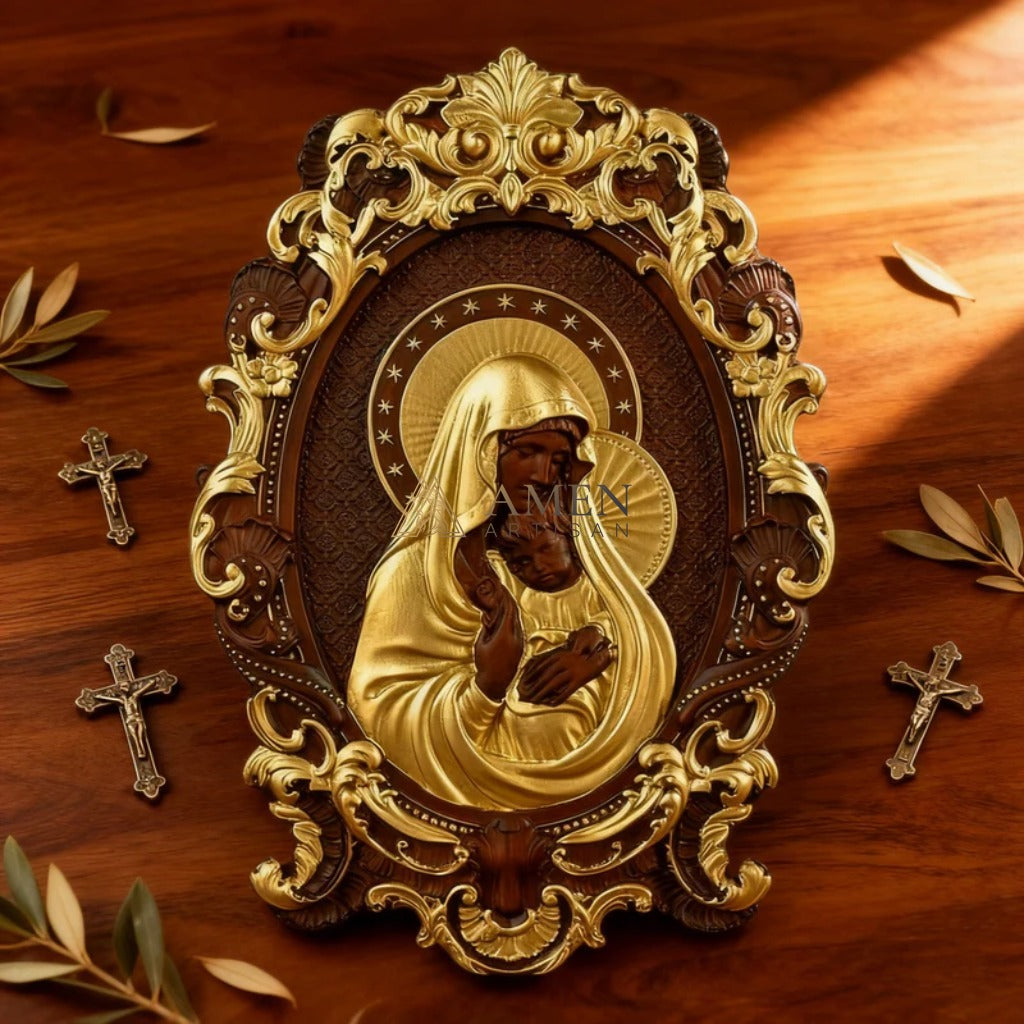 The Virgin Mary Holding The Infant Jesus Wooden Sculpture