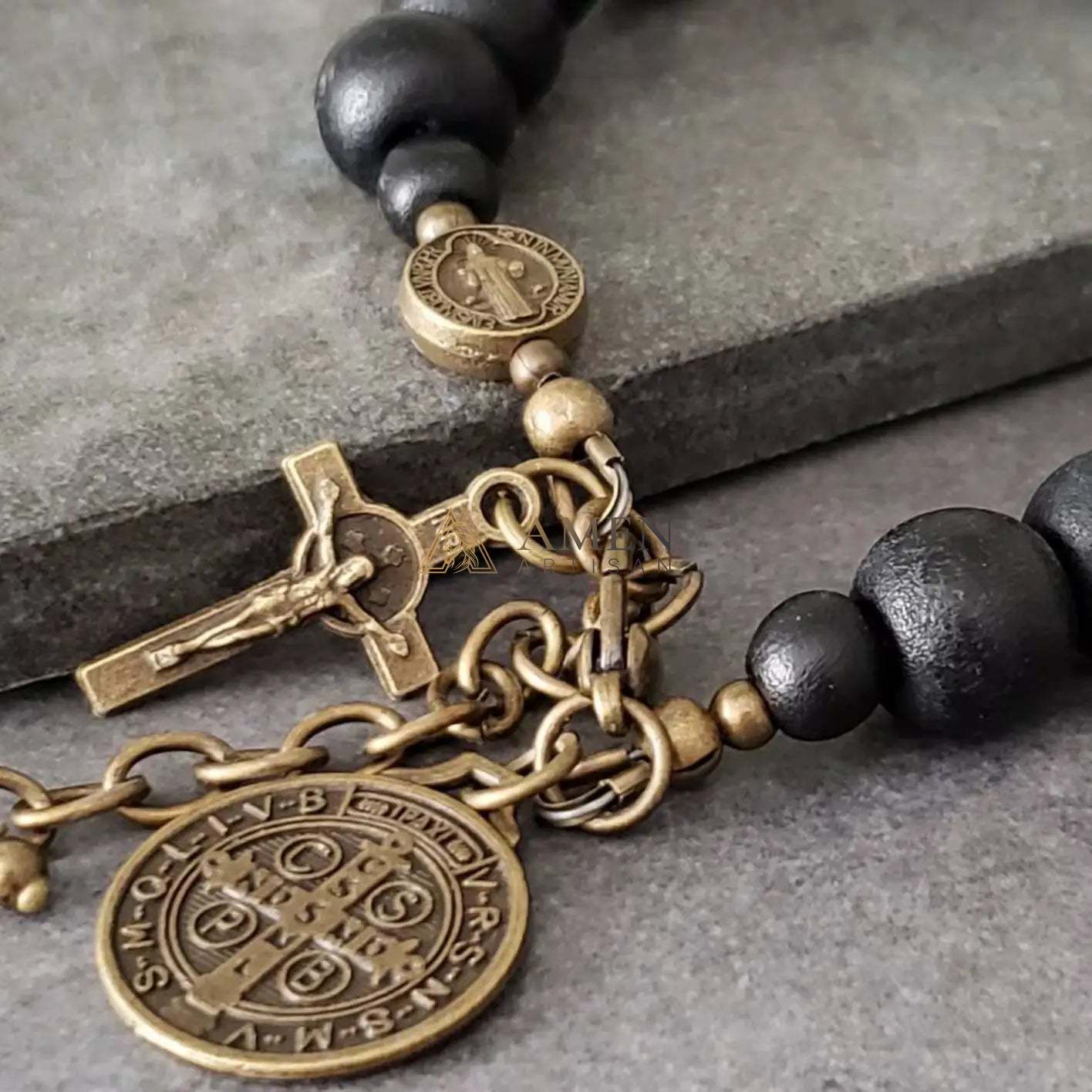 Black Wood Beads Brass Saint Benedict Medal Adjustment Bracelet Amen Artisan