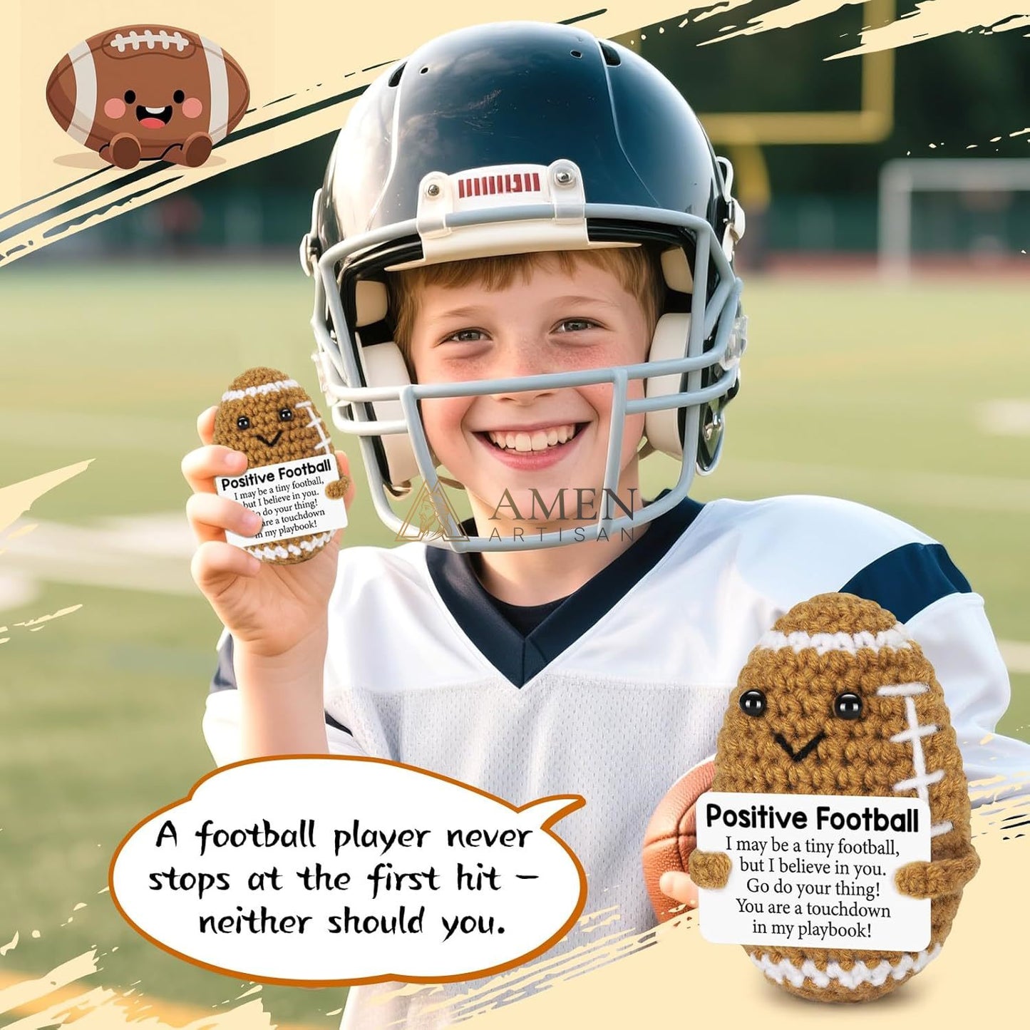 Hand-Knit Positive Football Plush Doll Amen Artisan