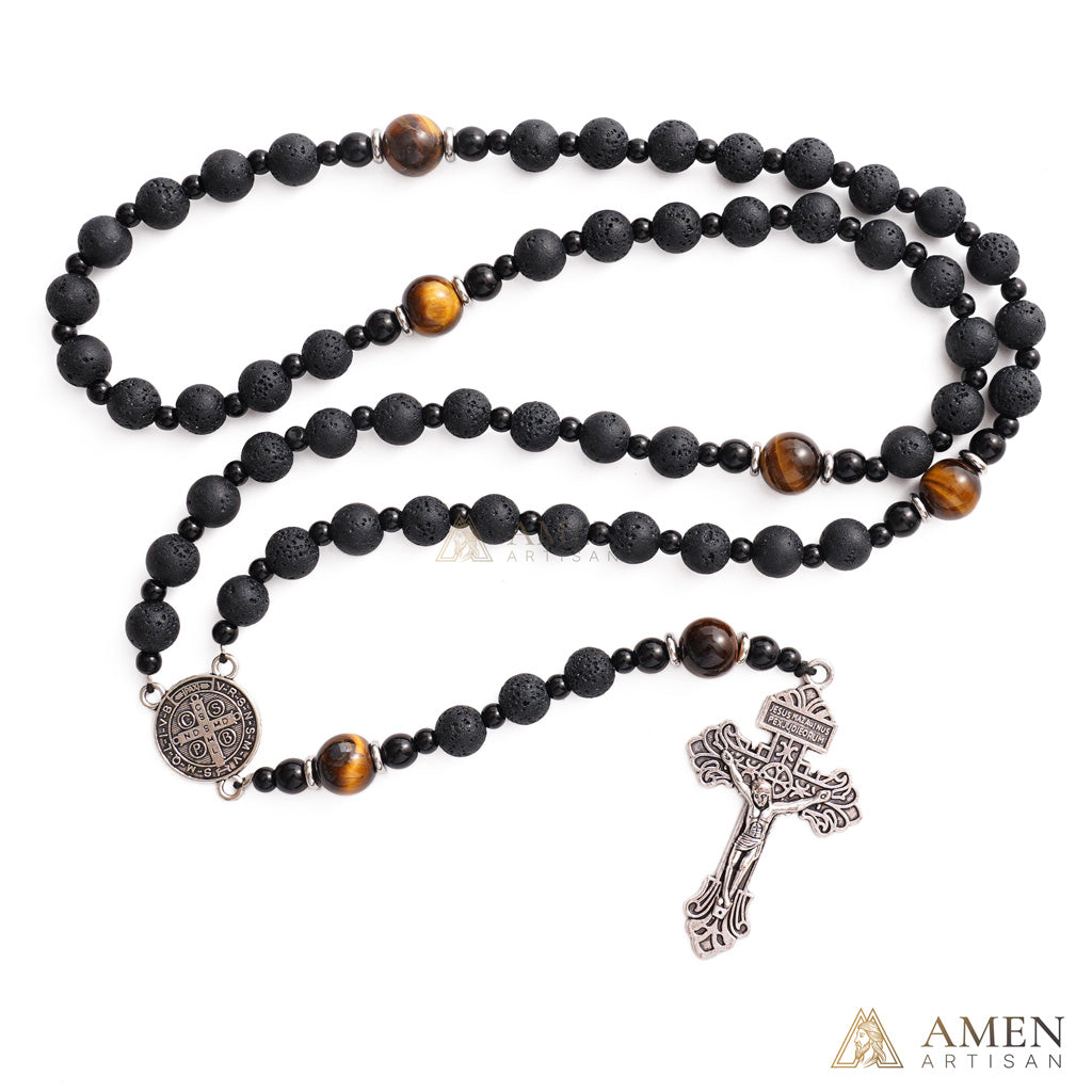 Natural Lava Stone & Tiger’s Eye Prayer Beads with Vintage-Style Crucifix |  Amen Artisan