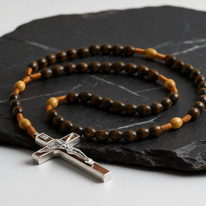 Woven Cord Wooden Rosary with St. Benedict Medal Cross - Sacred Blessing | Amen Artisan