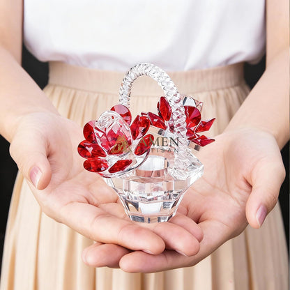 Crystal Red Rose Flower Basket Figurine Amen Artisan