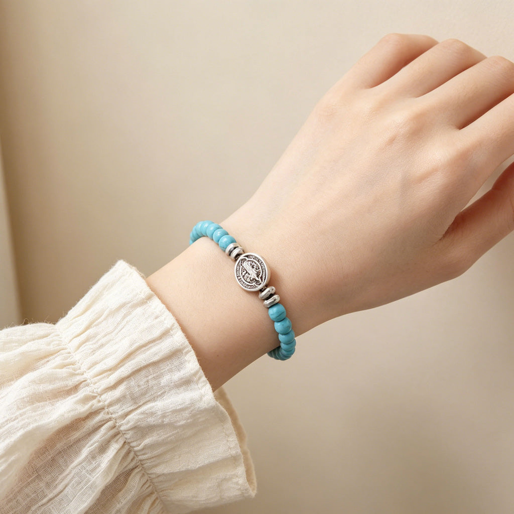 Multicolor Natural Stone St. Benedict Bracelet with Double-Sided Medal