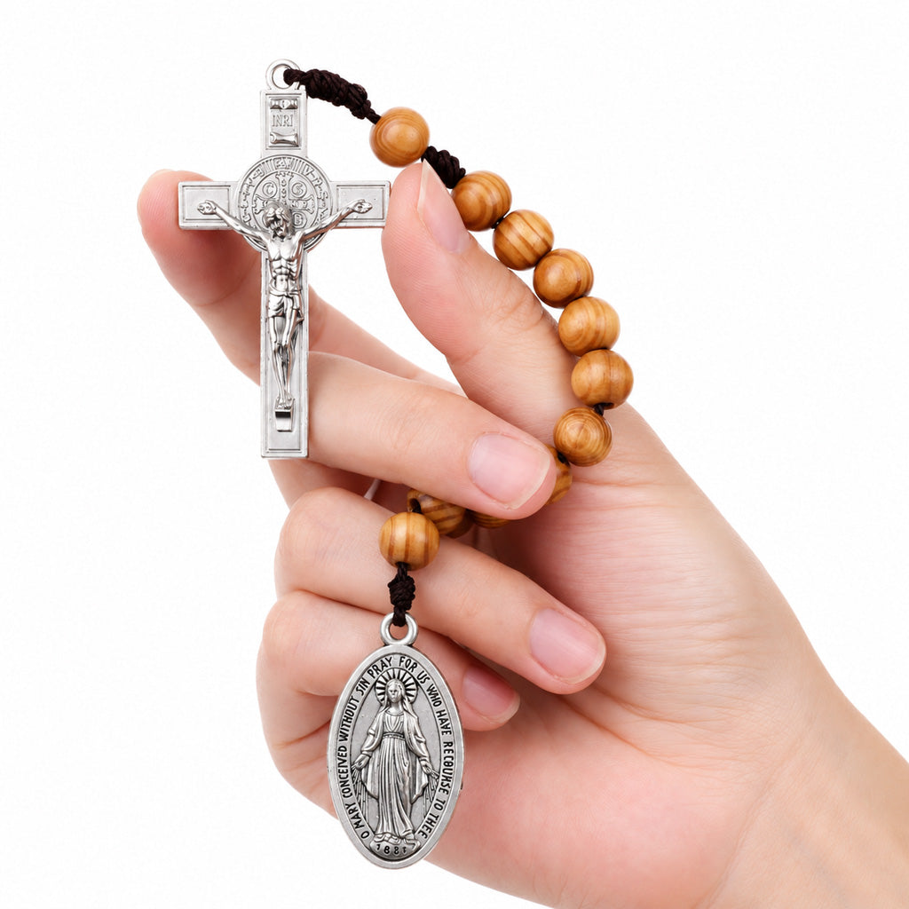 Portable Wooden Decade Rosary with St. Benedict Cross - Blessing & Peace | Amen Artisan