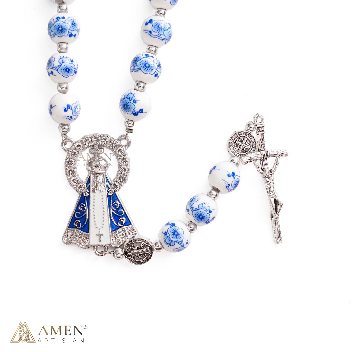 【Limited-Time 50% off】Blue Floral Ceramic Rosary with Marian Pendant and St. Benedict Medals — Grace and Peace | Amen Artisan