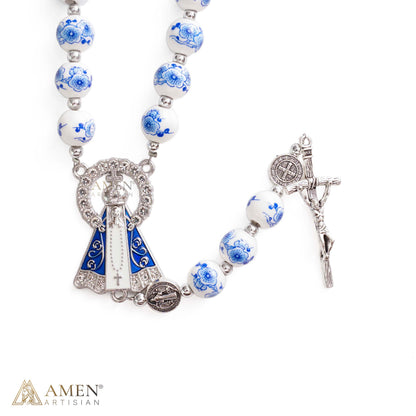 【Limited-Time 50% off】Blue Floral Ceramic Rosary with Marian Pendant and St. Benedict Medals — Grace and Peace | Amen Artisan