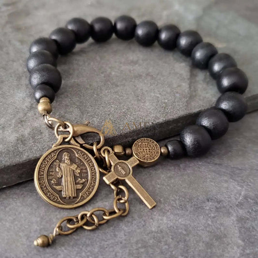 Black Wood Beads Brass Saint Benedict Medal Adjustment Bracelet Amen Artisan