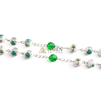 Cyan Floral Ceramic Rosary Amen Artisan