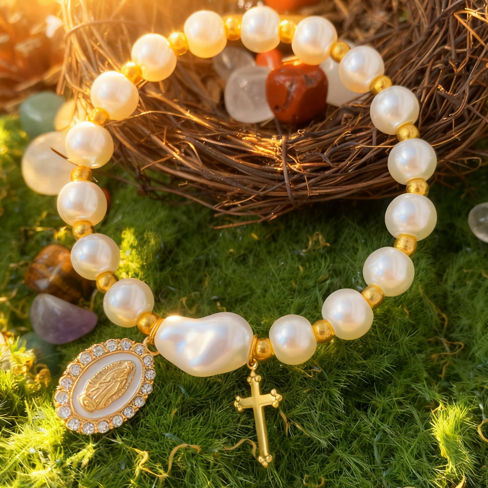 Pearl Gold Virgin Mary Diamond-Studded Cross Elastic Bracelet Amen Artisan