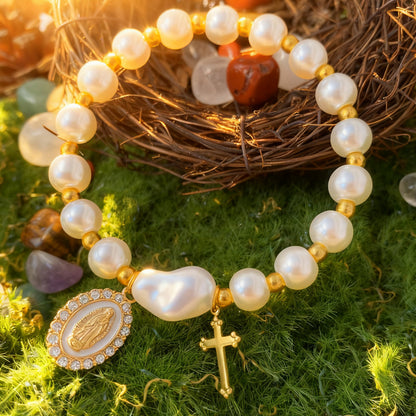 Pearl Gold Virgin Mary Diamond-Studded Cross Elastic Bracelet Amen Artisan