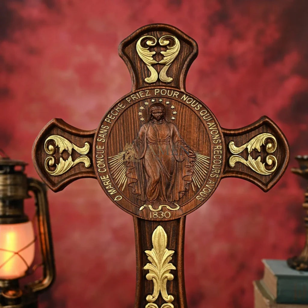 Miracle Medal Wood Carving Amen Artisan