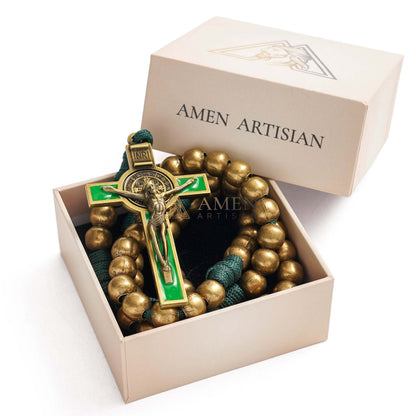 Military-Grade Paracord Rosary with Antique Bronze Beads & Enamel Crucifix Amen Artisan