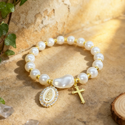 Pearl Gold Virgin Mary Diamond-Studded Cross Elastic Bracelet Amen Artisan