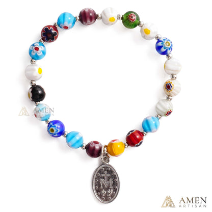 【DEAL TODAY】Colorful Catholic Bracelet with Patterned Glass Beads and Virgin Mary Medal