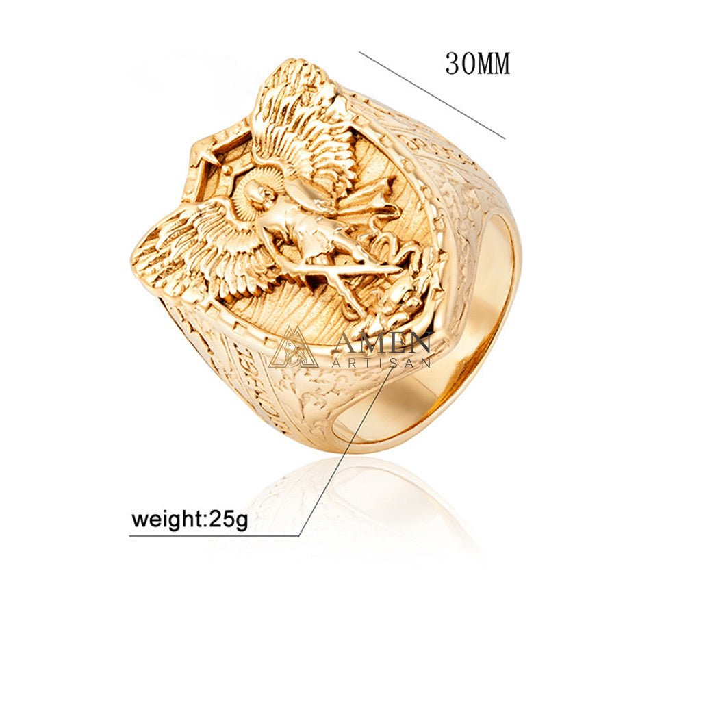 【DEAl TODAY】Shield Ring with Guardian Angel Relief - Protection, Courage & Faith |  Amen Artisan