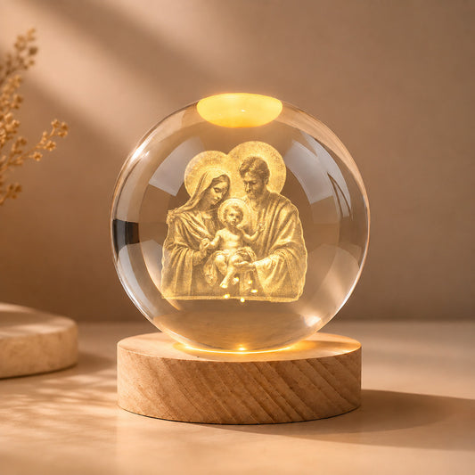Holy Family Crystal Night Light with Warm Wooden Base — Home Blessing