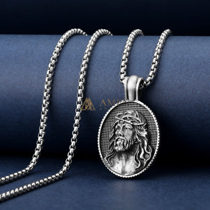 Jesus Crown of Thorns Oval Pendant Necklace Amen Artisan