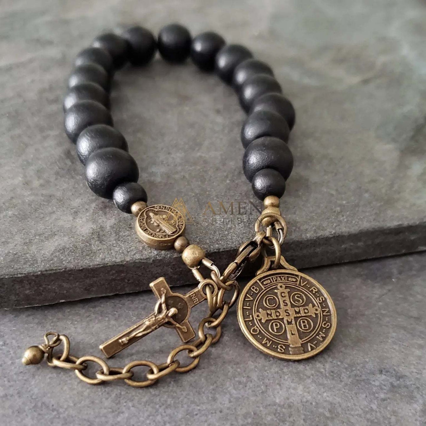 Black Wood Beads Brass Saint Benedict Medal Adjustment Bracelet Amen Artisan