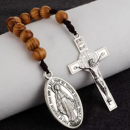 Portable Wooden Decade Rosary with St. Benedict Cross - Blessing & Peace | Amen Artisan