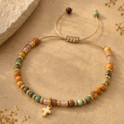 【Deal Today】Boho Natural Stone Cross Bracelet with Adjustable Cord — Faith | Amen Artisan