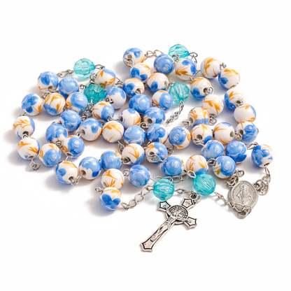Blue Floral Ceramic Rosary Amen Artisan