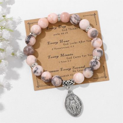 Pink and White Zebra Stone Miraculous Medal Stretch Bracelet