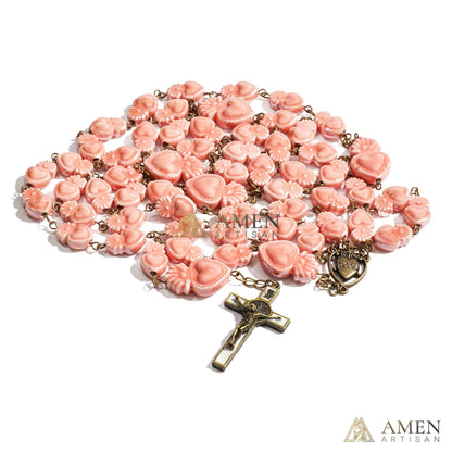 Ceramic Sacred Heart Beads Rosary - Vintage Bronze Style Rosary - Amen Artisan