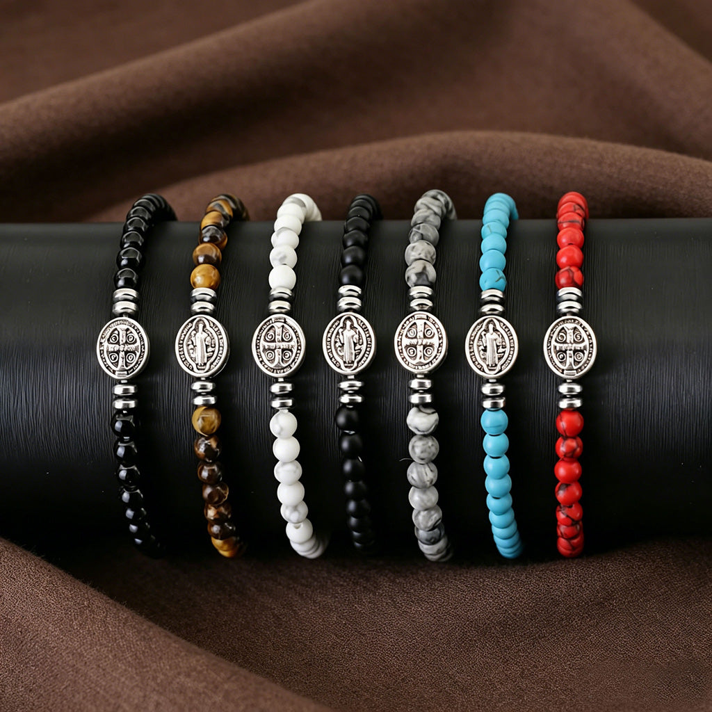 Multicolor Natural Stone St. Benedict Bracelet with Double-Sided Medal