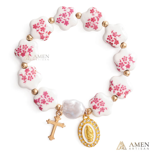 【Deal Today】Blue Floral Ceramic Flower Bracelet with Virgin Mary Pendant - Faith & Peace | Amen Artisan